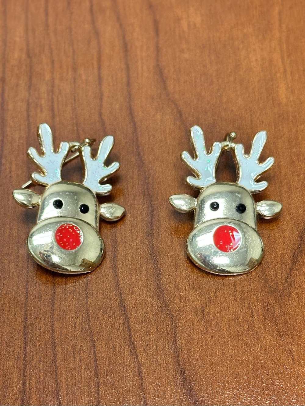 Gold Reindeer Earrings with Red Nose